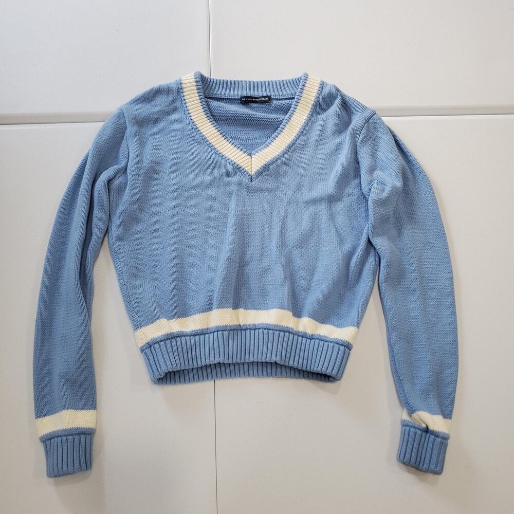 Brandy Melville Sweater Women One Size Blue White V Neck Varsity Preppy Academia